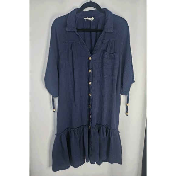 MILLIBON USA Dress Womens Large Tiered Navy Shirtdress Boho Cottagecore - Picture 1 of 7